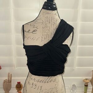 A.L.C. Apollo One-Shoulder Cropped Gathered Linen-Blend Top Black